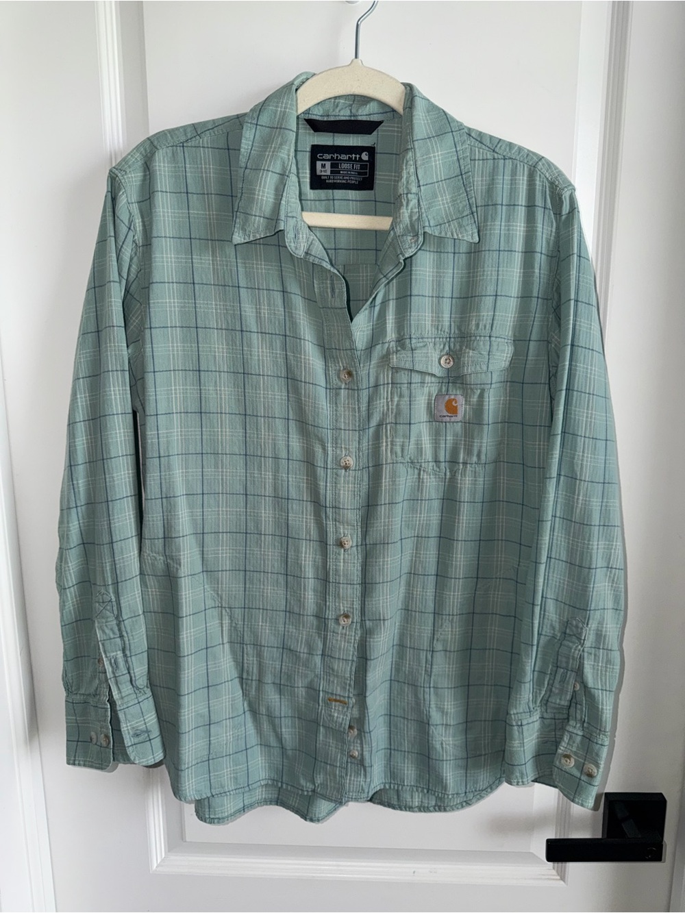 Carhartt Women’s M 8/10 Loose Fit Plaid Button Down Shirt Sage Green Cotton
